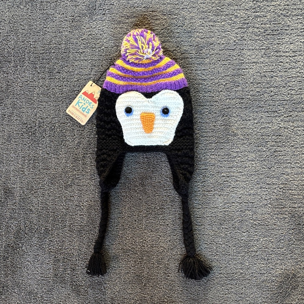 Kids Penguin Knit Hat - Black and Purple